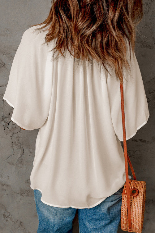 Beige Split Neck Pleated Blouse