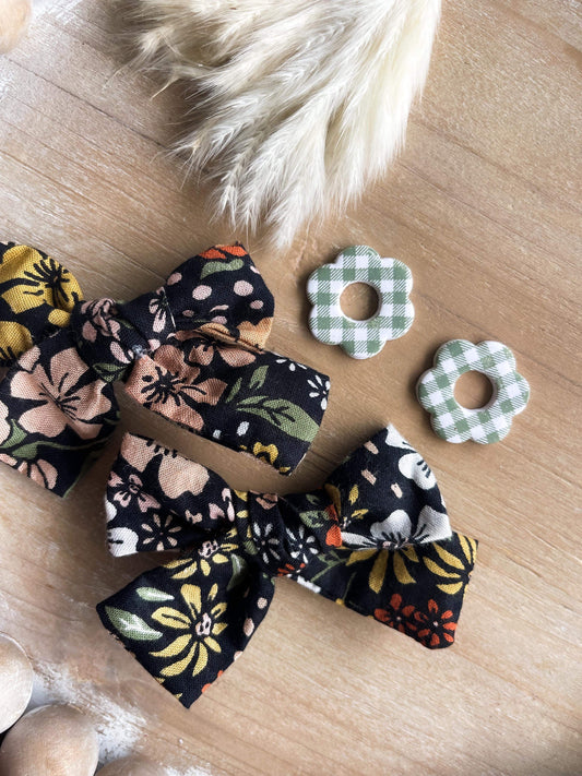 Olive Gingham Flower Studs