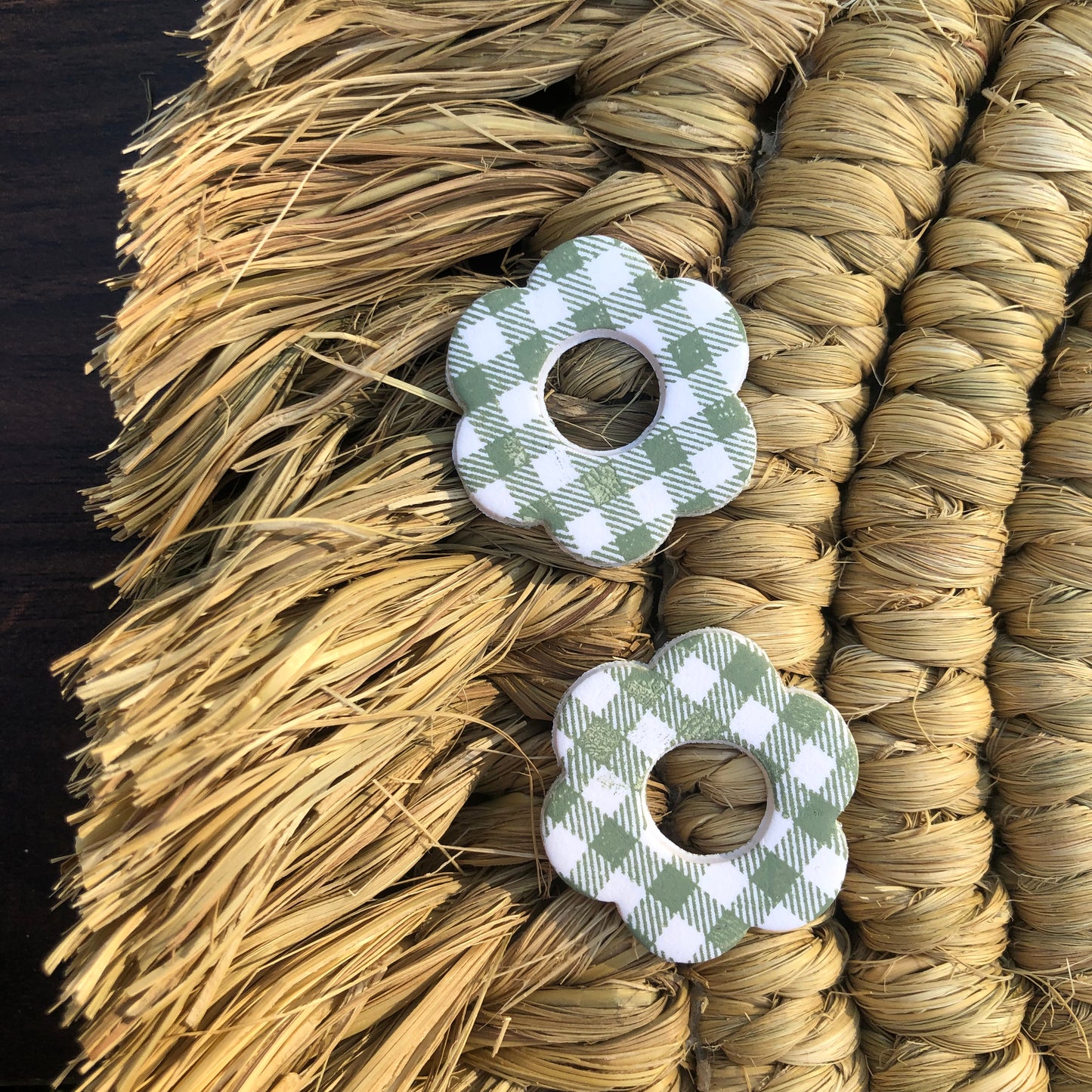 Olive Gingham Flower Studs