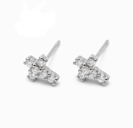 Silver Crystal Cross Studs