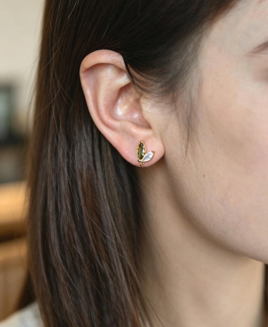 Olive & Crystal Leaves Stud