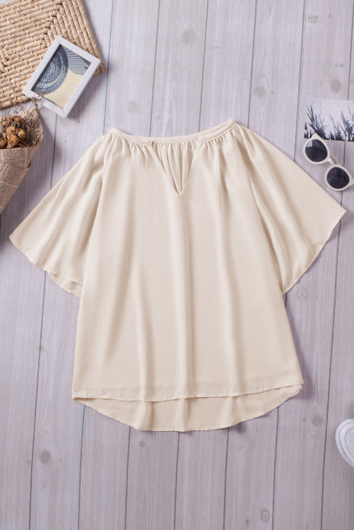 Beige Split Neck Pleated Blouse